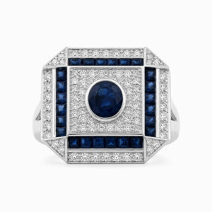 Anillo Diseño Art Déco, Zafiros y Diamantes en Oro Blanco
