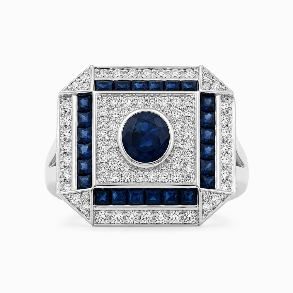 Anillo Diseño Art Déco, Zafiros y Diamantes en Oro Blanco