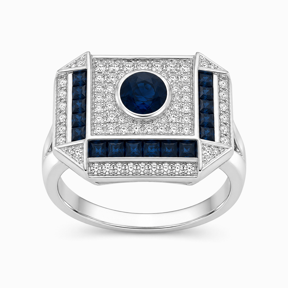 Anillo Diseño Art Déco, Zafiros y Diamantes en Oro Blanco - Imagen 3