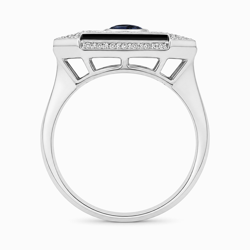 Anillo Diseño Art Déco, Zafiros y Diamantes en Oro Blanco - Imagen 4