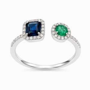 Anillo Asimétrico de Oro Blanco con Zafiro, Esmeralda y Diamantes