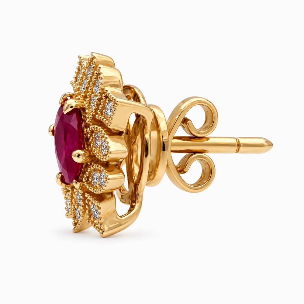 Aros Flor de Oro Amarillo con Rubí y Diamantes - Imagen 2