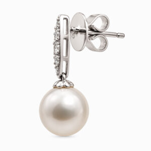 Aros Colgantes de Oro Blanco con Perlas y Diamantes