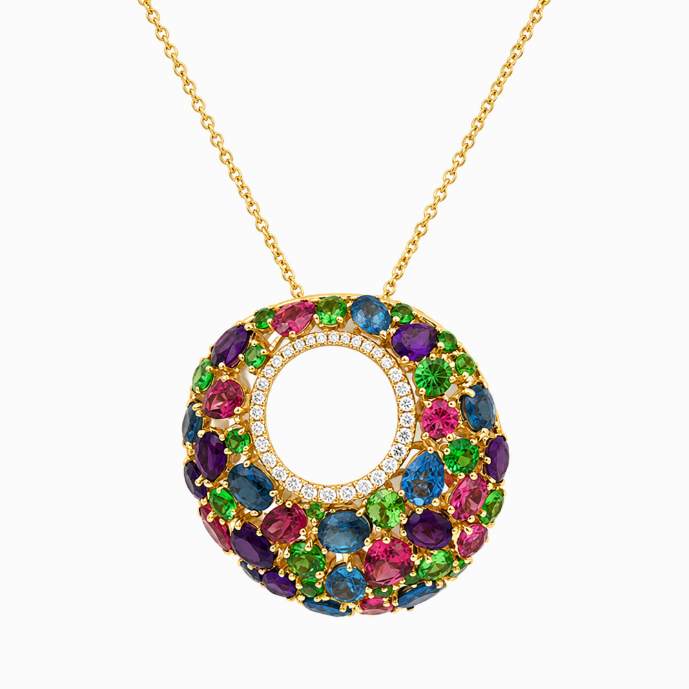 Collar en oro amarillo con colgante circular multicolor y halo de diamantes - Imagen 5