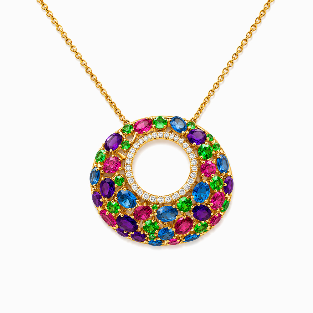 Collar en oro amarillo con colgante circular multicolor y halo de diamantes - Imagen 3