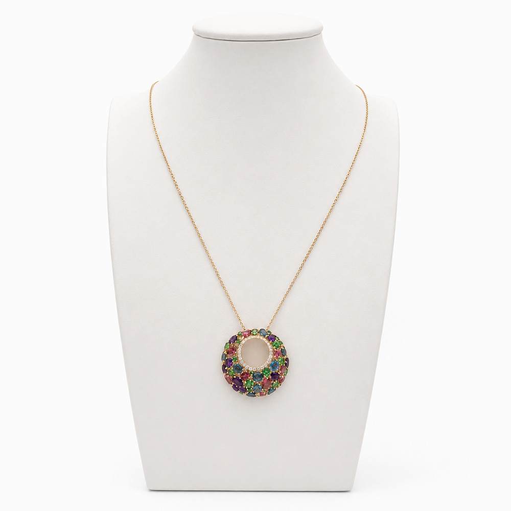Collar en oro amarillo con colgante circular multicolor y halo de diamantes - Imagen 4