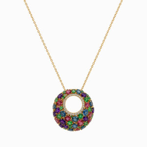 Collar en oro amarillo  con colgante circular multicolor y halo de diamantes