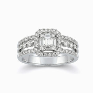 Anillo Halo Cuadrado de Oro Blanco y Diamantes