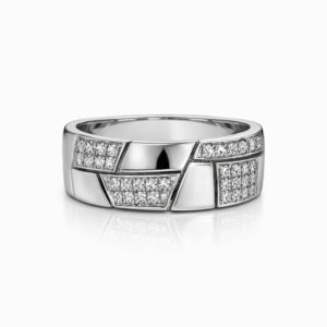 Anillo de Oro Blanco con Diseño Geométrico y Diamantes Pavé
