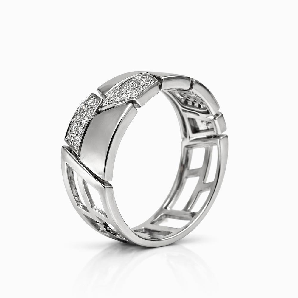 Anillo de Oro Blanco con Diseño Geométrico y Diamantes Pavé - Imagen 2