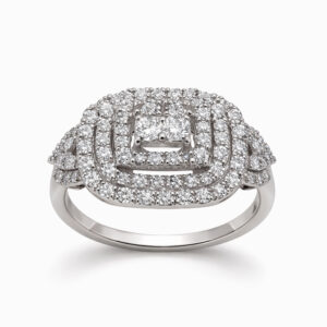 Anillo de Oro Blanco con Diamante Central y Halos de Diamantes