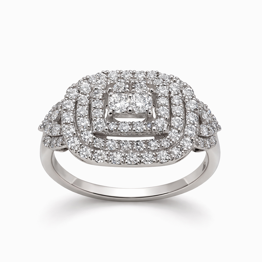 Anillo de Oro Blanco con Diamante Central y Halos de Diamantes