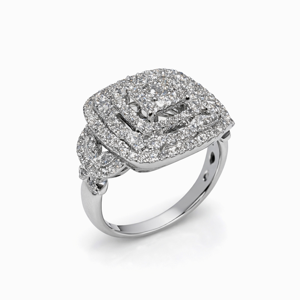 Anillo de Oro Blanco con Diamante Central y Halos de Diamantes - Imagen 2