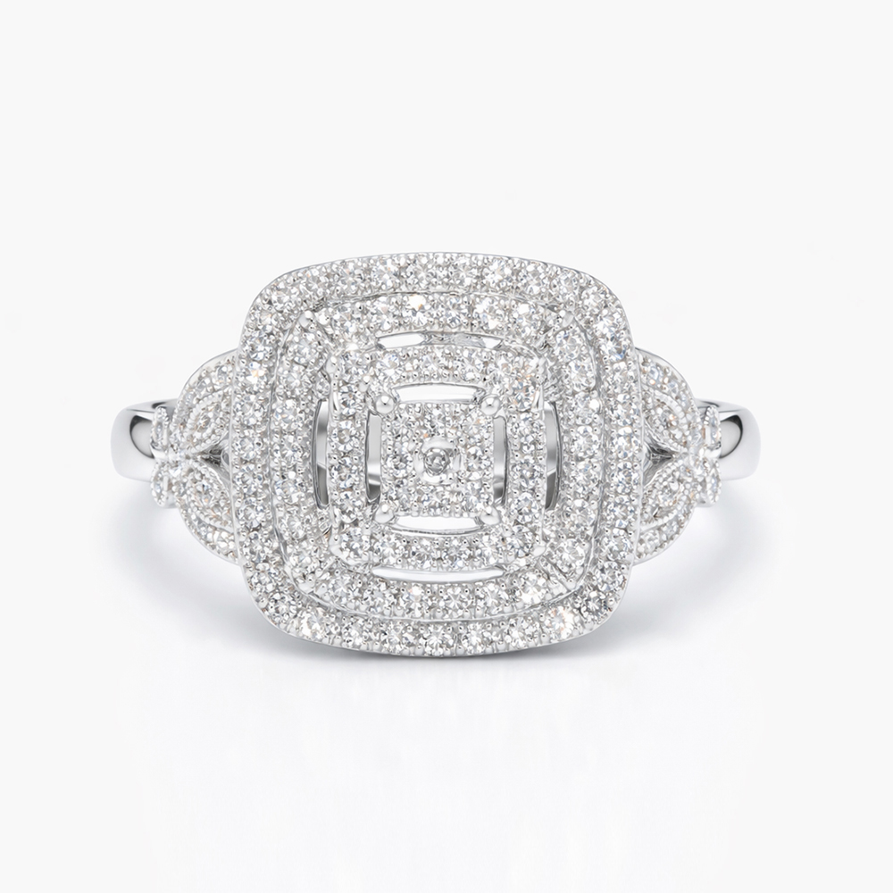 Anillo de Oro Blanco con Diamante Central y Halos de Diamantes - Imagen 3