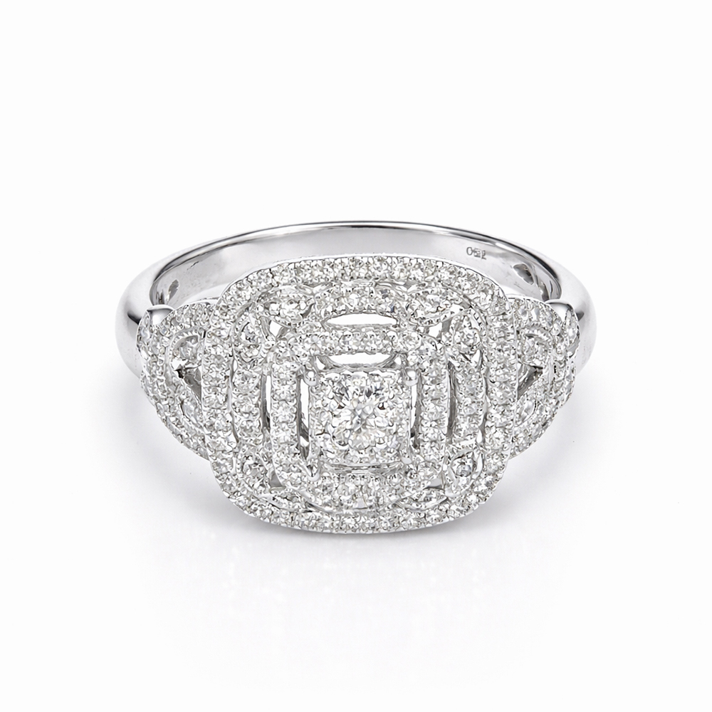 Anillo de Oro Blanco con Diamante Central y Halos de Diamantes - Imagen 4