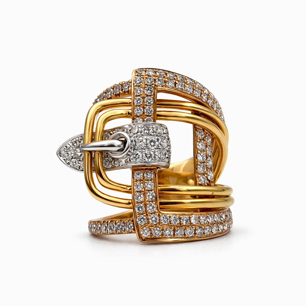 Anillo Hebilla en Tres Tonos de Oro y Diamantes