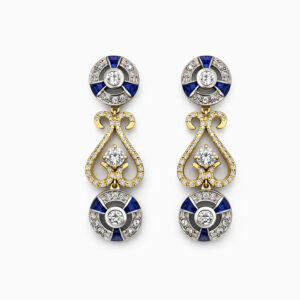 Aros diseño vintage en oro blanco y amarillo con diamantes y zafiros