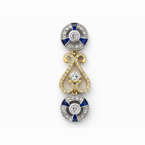 Aros diseño vintage en oro blanco y amarillo con diamantes y zafiros