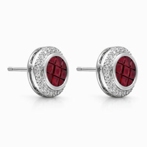 Aros Botón de Oro Blanco con Mosaico de Rubíes y Diamantes