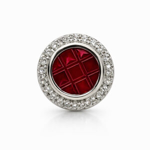 Aros Botón de Oro Blanco con Mosaico de Rubíes y Diamantes