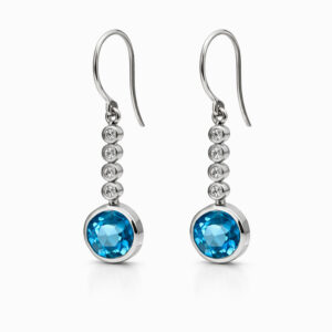 Aros Colgantes de Oro Blanco con Topacio Azul y Diamantes