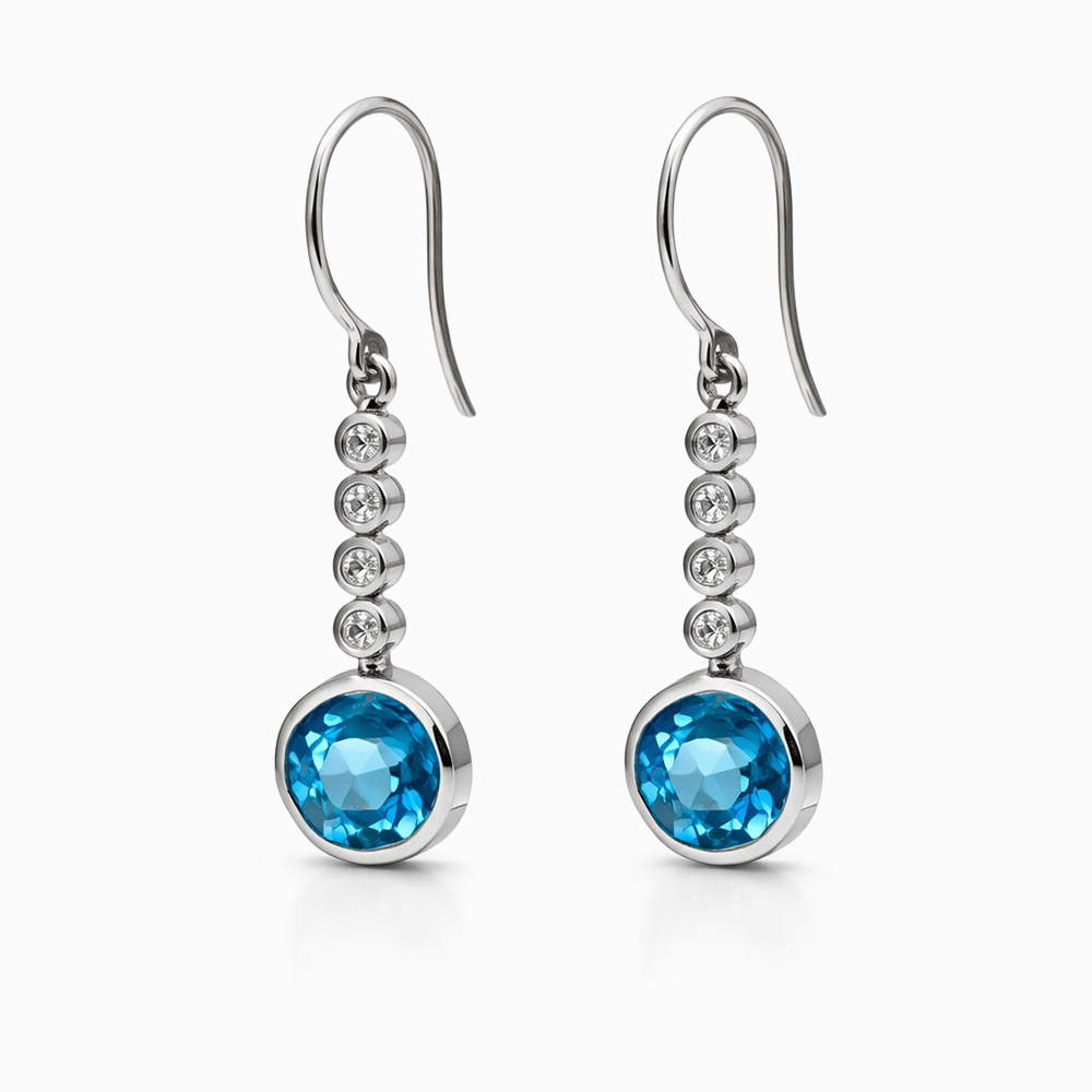 Aros Colgantes de Oro Blanco con Topacio Azul y Diamantes