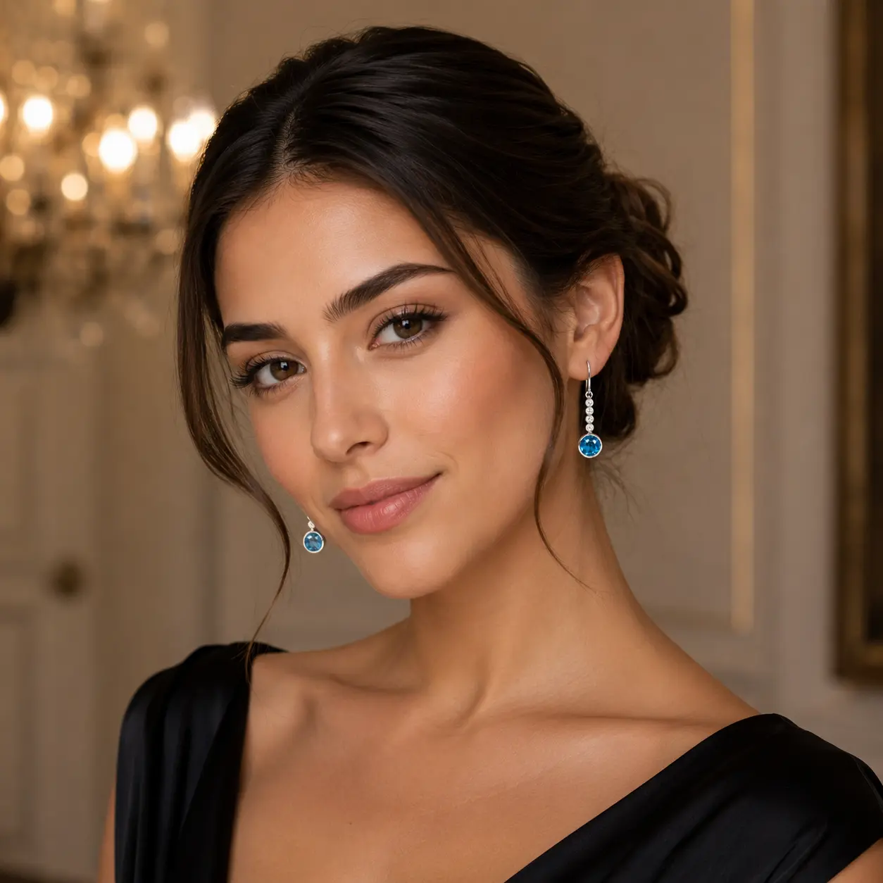 Aros Colgantes de Oro Blanco con Topacio Azul y Diamantes - Imagen 2