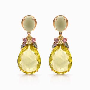 Aros oro rosa con citrino amarillo diseño lágrima y piedras de colores