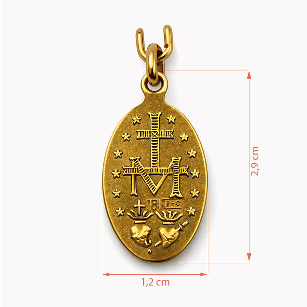 Medalla Virgen Milagrosa reverso símbolos marianos oro colgante - Imagen 2